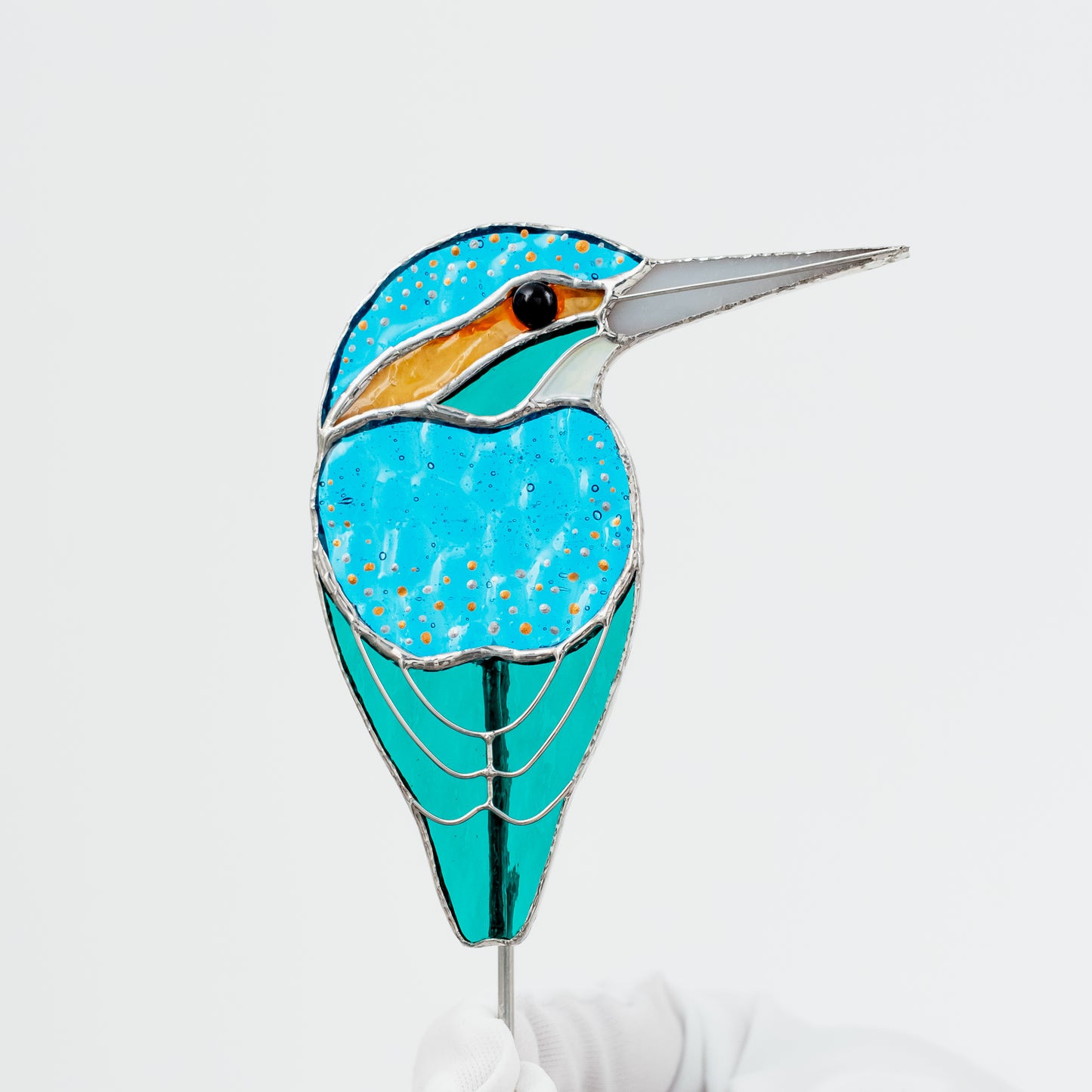 Stained Glass Kingfisher Bird Pot Decor – Bright Garden Accent Gift for Aunt, Friend, Co-worker, Bird Lover, Gardener