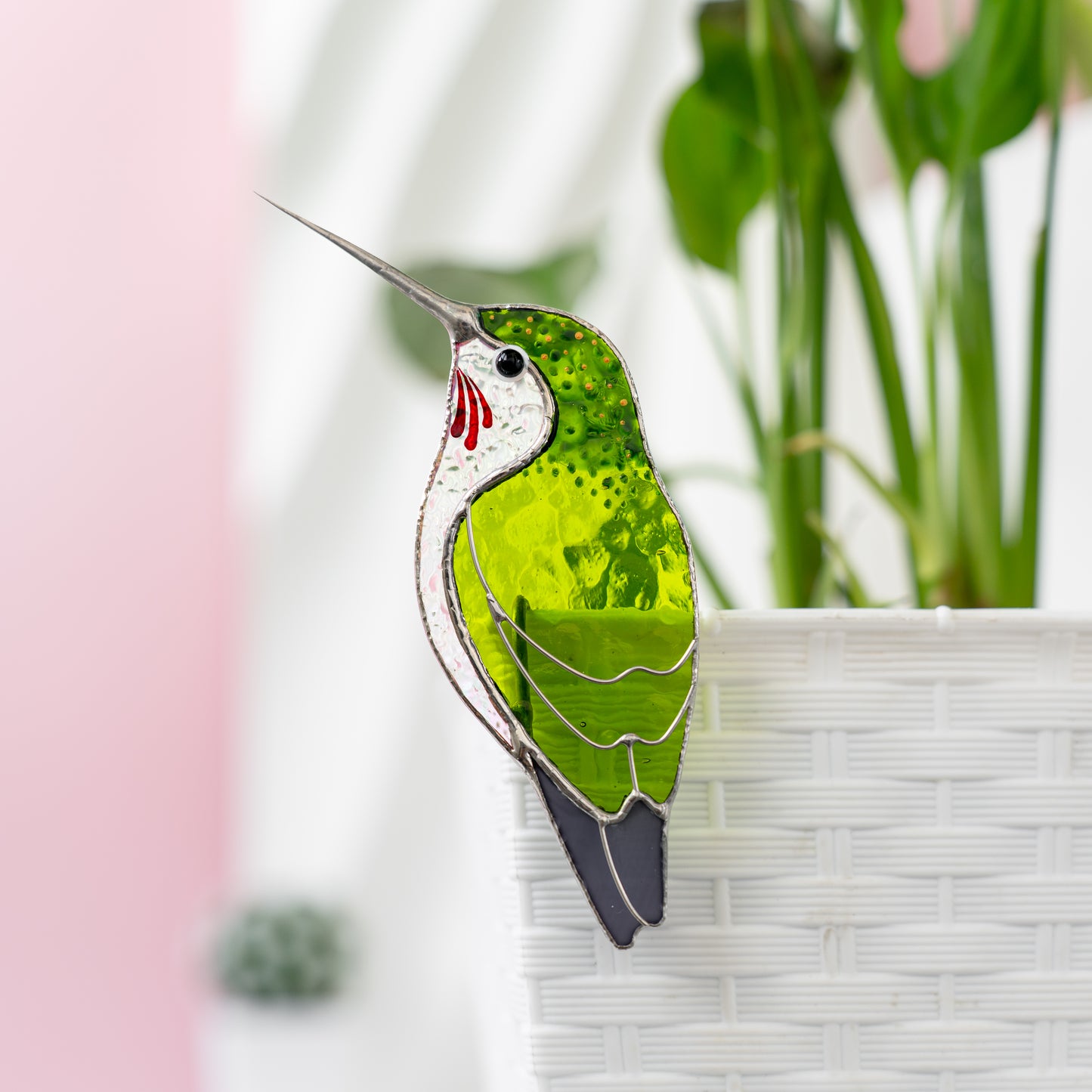 Grüner Kolibri-Buntglas – Pflanzgefäß-Dekoration, lustiges und süßes Vogelgeschenk | Tropisches Dekor | Skurriler Akzent für Pflanzenliebhaber