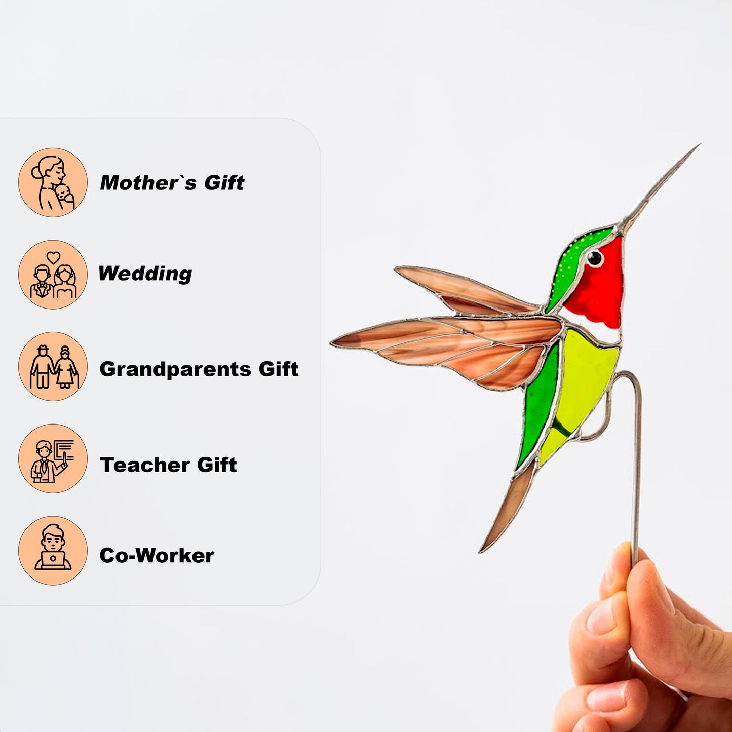 Red-throated Hummingbird Stained Glass – Planter Decoration Symbol of Joy & Energy | Gift for Nature Lovers | Colorful Plant Decor