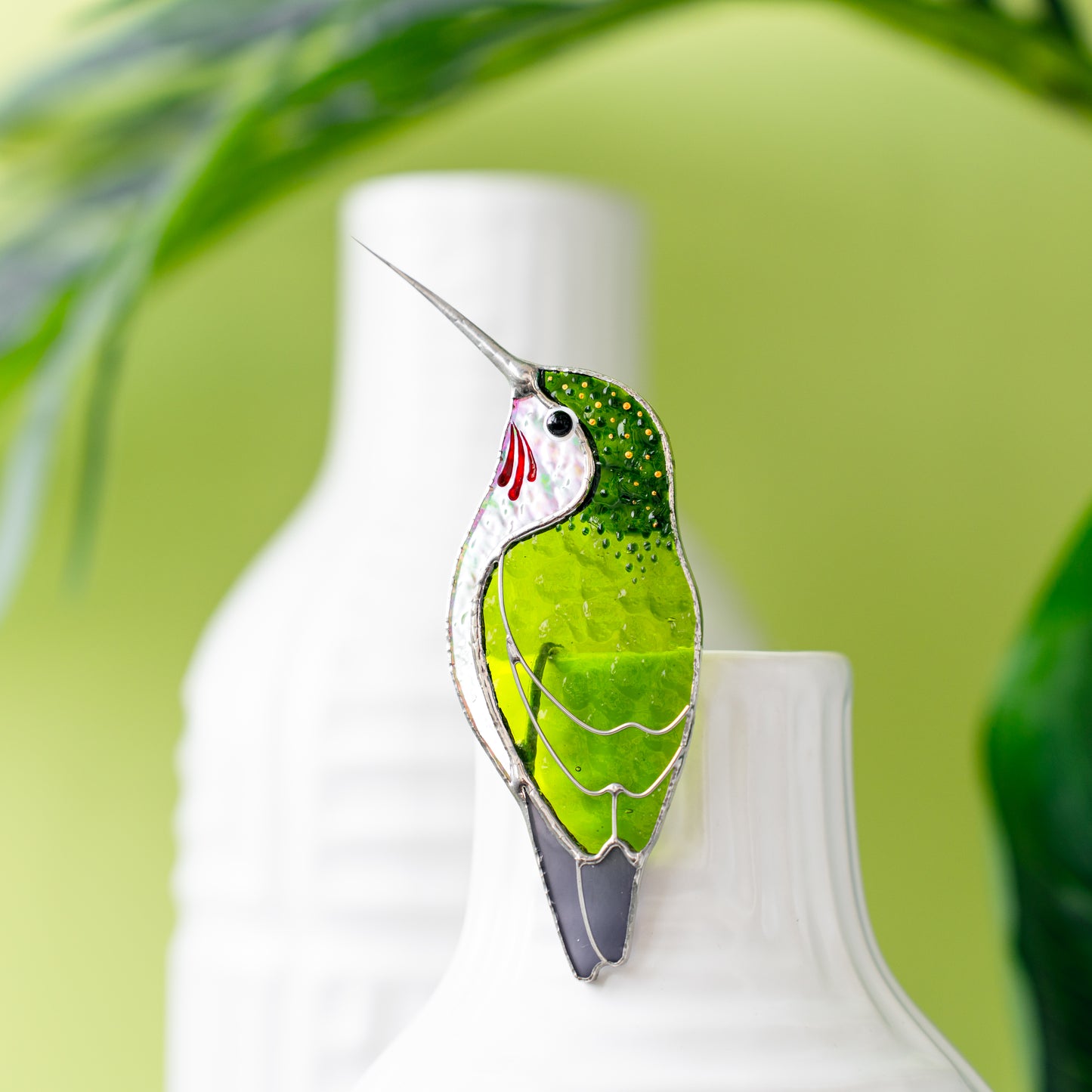 Grüner Kolibri-Buntglas – Pflanzgefäß-Dekoration, lustiges und süßes Vogelgeschenk | Tropisches Dekor | Skurriler Akzent für Pflanzenliebhaber