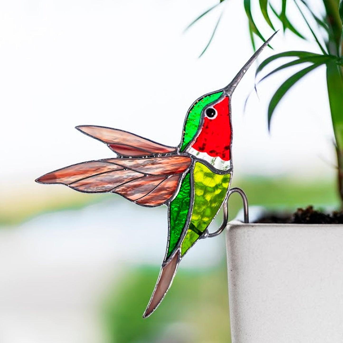 Red-throated Hummingbird Stained Glass – Planter Decoration Symbol of Joy & Energy | Gift for Nature Lovers | Colorful Plant Decor