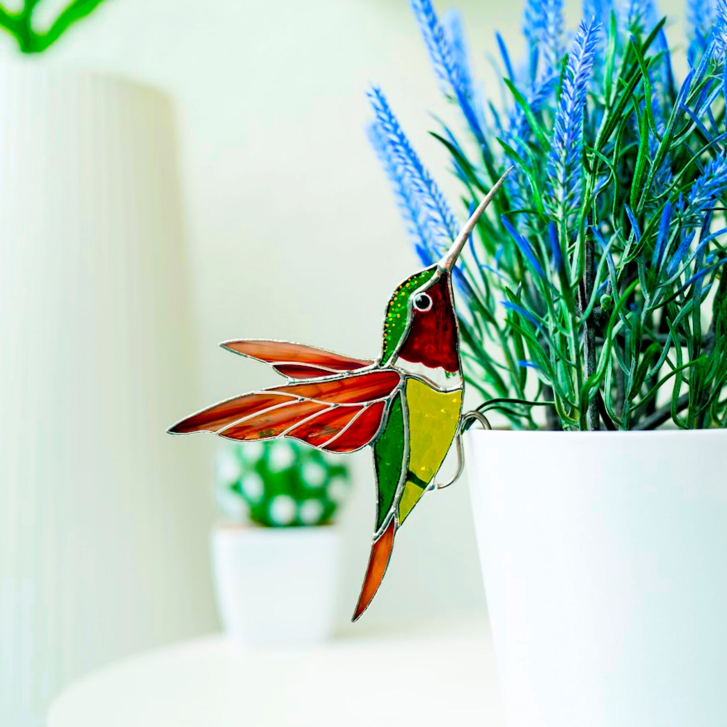 Red-throated Hummingbird Stained Glass – Planter Decoration Symbol of Joy & Energy | Gift for Nature Lovers | Colorful Plant Decor