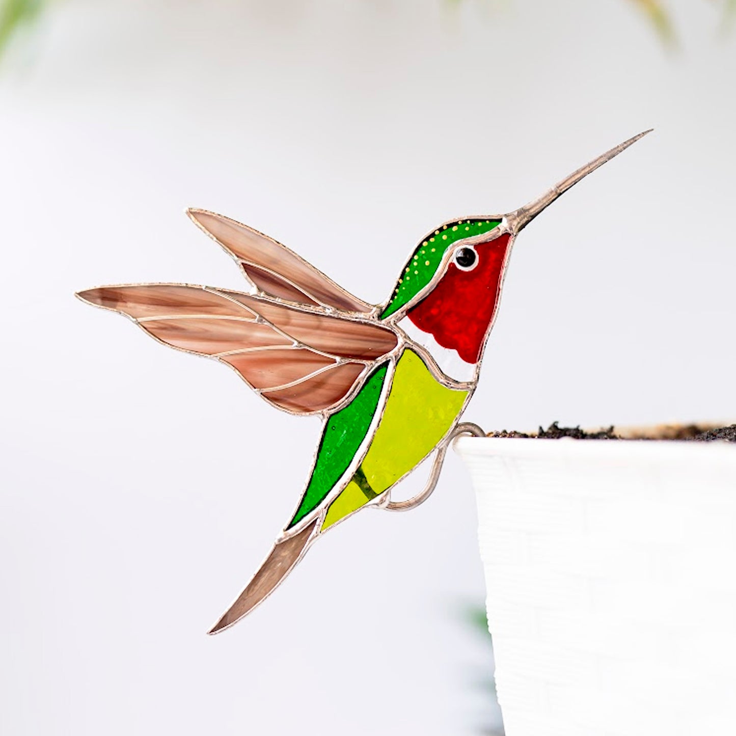 Red-throated Hummingbird Stained Glass – Planter Decoration Symbol of Joy & Energy | Gift for Nature Lovers | Colorful Plant Decor