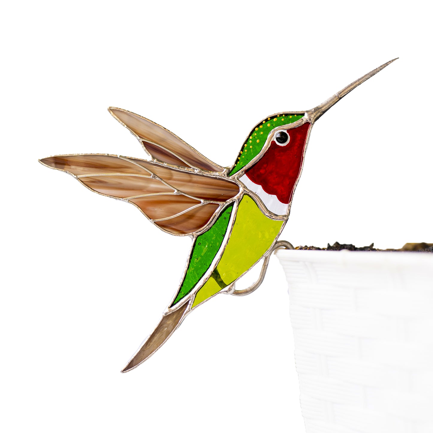 Red-throated Hummingbird Stained Glass – Planter Decoration Symbol of Joy & Energy | Gift for Nature Lovers | Colorful Plant Decor