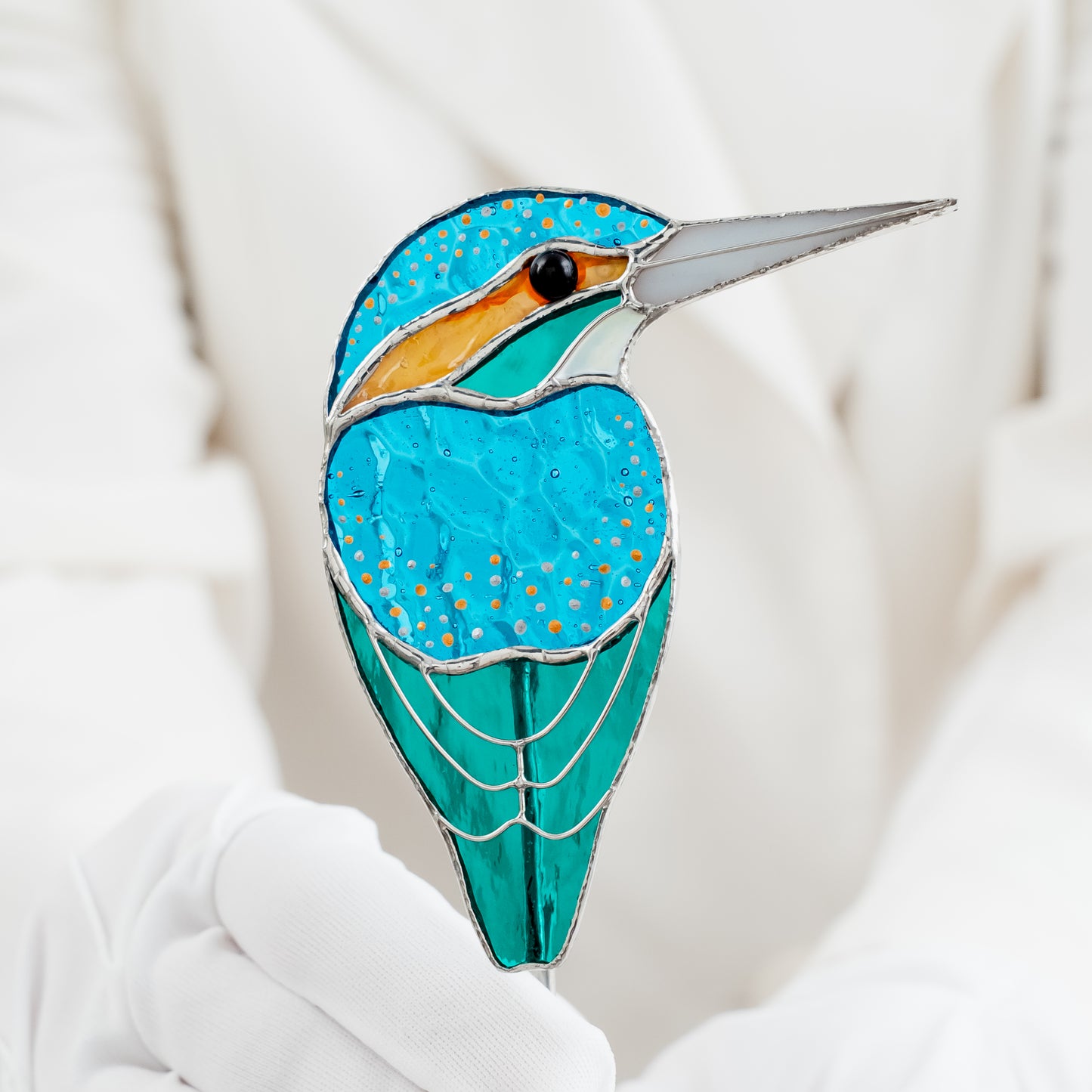 Stained Glass Kingfisher Bird Pot Decor – Bright Garden Accent Gift for Aunt, Friend, Co-worker, Bird Lover, Gardener