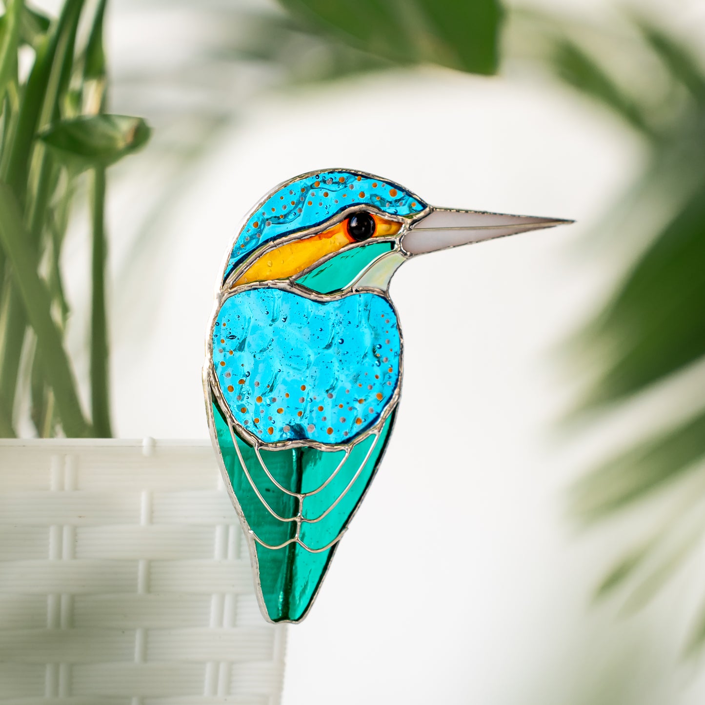 Stained Glass Kingfisher Bird Pot Decor – Bright Garden Accent Gift for Aunt, Friend, Co-worker, Bird Lover, Gardener