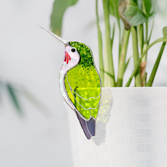 Grüner Kolibri-Buntglas – Pflanzgefäß-Dekoration, lustiges und süßes Vogelgeschenk | Tropisches Dekor | Skurriler Akzent für Pflanzenliebhaber