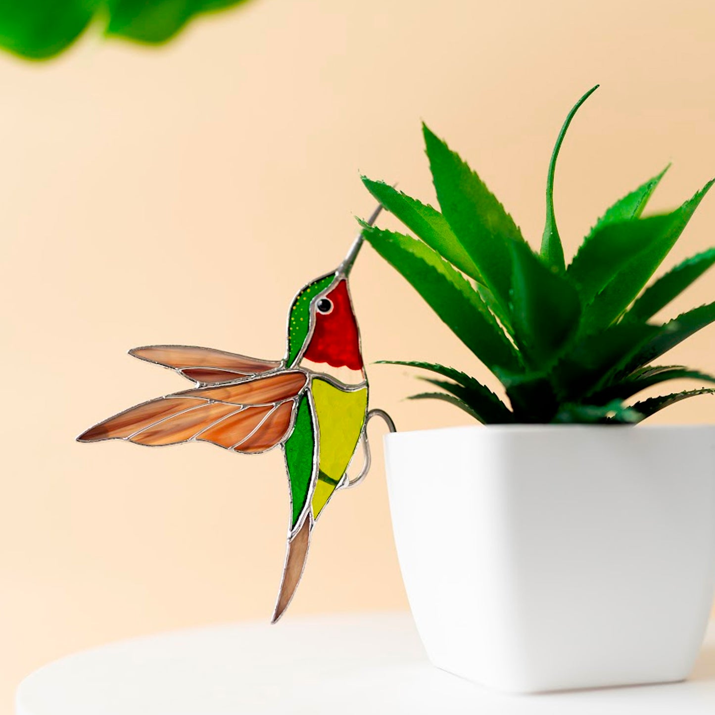 Red-throated Hummingbird Stained Glass – Planter Decoration Symbol of Joy & Energy | Gift for Nature Lovers | Colorful Plant Decor