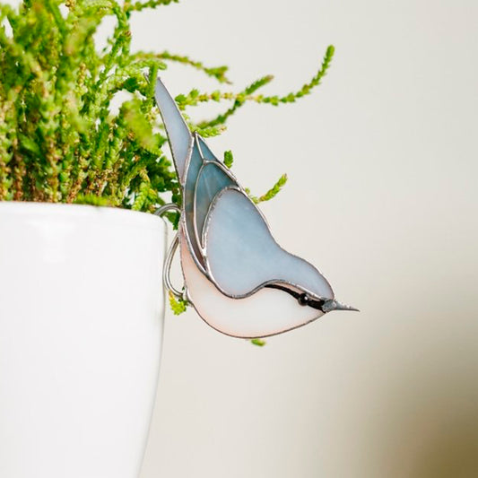 Kleiber-Buntglas – Pflanzgefäß-Dekoration als Geschenk für Vogelbeobachter | Einzigartige Topfdekoration | Minimalistischer Gartenakzent