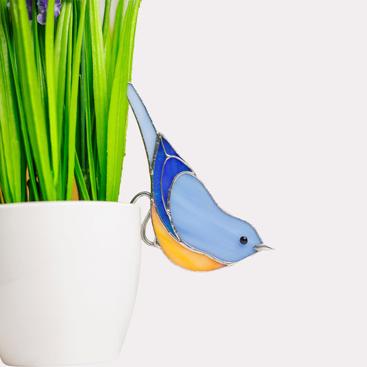 Blauvogel-Buntglas – Pflanzgefäß-Dekoration, Symbol des Glücks | Geschenk für Gärtner | Fröhliche und fröhliche Wohndekoration