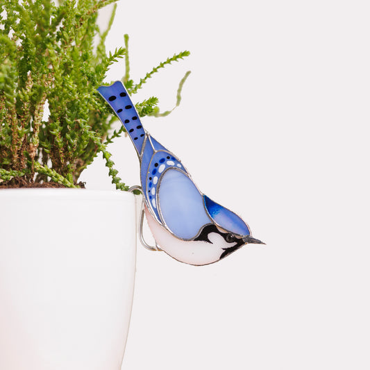 Blauhäher-Buntglas – Pflanzgefäß-Dekoration, auffälliges Vogelgeschenk | Naturinspiriertes Dekor | Symbol für Intelligenz und Selbstvertrauen