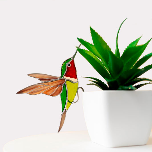 Rotkehlkolibri-Buntglas – Pflanzgefäß-Dekoration, Symbol für Freude und Energie | Geschenk für Naturliebhaber | Farbenfrohe Pflanzendekoration