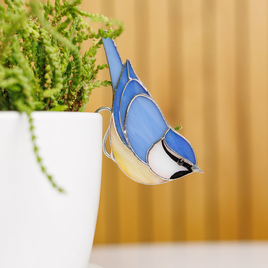 Blaumeise Buntglas – Pflanzgefäß-Dekoration, charmanter Gartenakzent | Geschenk für Vogelliebhaber | Europäisches Singvogel-Dekor