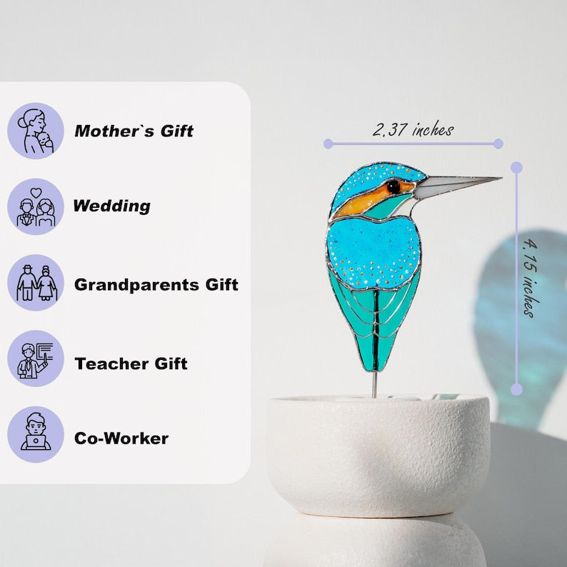 Stained Glass Kingfisher Bird Pot Decor – Bright Garden Accent Gift for Aunt, Friend, Co-worker, Bird Lover, Gardener